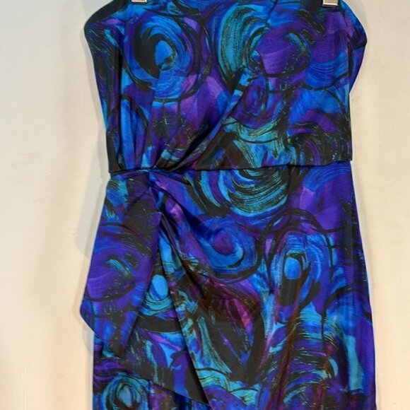 Vintage Maggy London satin strapless peacock print dress size 6 - Picture 2 of 9